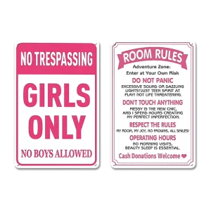 Pink White Rectangle Metal Sign Girls Only No Boys Allowed Room Rules Teen Girl Bedroom Wall Decor