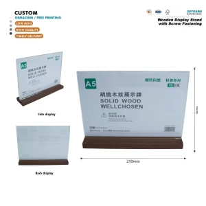 Polished Desktop Sign Holder Walnut Wood Acrylic Display Stand for A5 Cafe Food Menu Display