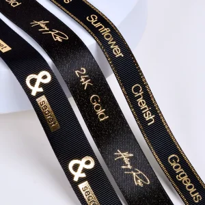 Polyester Chiffon Printed Ribbon With Logo Pink Satin Gold Foil Customize Bakery