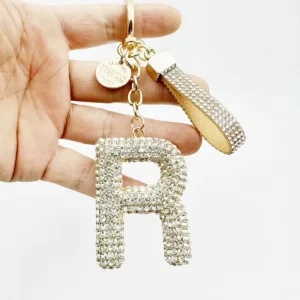 Practical R Letter Full Rhinestone Keychain Crystal Pu Leather Strap Bag Charm Spring Ring Car Key Pendant Gift Accessory