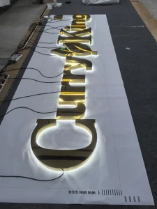 Precision Made 50mm Thick Gold Mirror SS Backlit Signage IP68 LED Lens Module Corrosion Resistant Outdoor Commercial Display