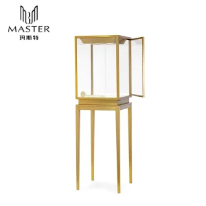 Premium Tempered Glass Display Cabinet Showcase for Jewelry Gold Stainless Steel Stand with LED Light