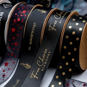 Printed Polyester Satin Ribbon Custom 3D Logo Embossed Gold Foil Printed Double Face Satin Ribbon for Gifts