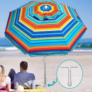 Profesional Custom LOGO Advertising Outdoor Parasol Adjust Tilting Mechanism UPF50+ Stripe Beach Sun Umbrella for Outdoor Travel