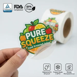 Pure Squeeze Durable Transparent Waterproof PVC Juice Labels Cold Pressed Beverage Stickers for Wine Beer Coffee and Energy Drinks