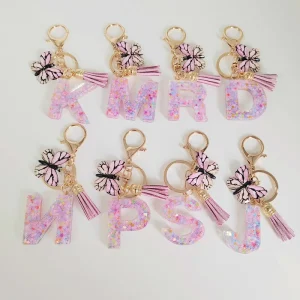 Purple Resin Snowflake Letter Keychain Pendant with Tassel and Butterfly Design 26 English Style Promotional Gift