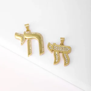 QIKU Hebrew Chai Alphabet Charms Cubic Zirconia Jewish Letter Pendants for Jewelry Necklace Making