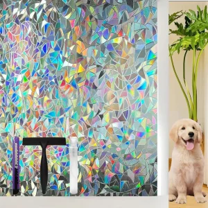 Rainbow Window Privacy Film 3D Stained Glass Decals Static Cling Heat UV Blocking Sticker for Home 23.6 x 78.7 Inch