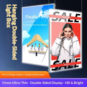 Rectangular Aluminum LED Ultra thin Tempered Glass Advertising Light Box 10000 Lumens Waterproof Hanging Type Indoor