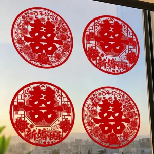 Red Round Flocked Electrostatic Film Double Happiness Window Sticker Wedding Glass Decal for Living Room Bedroom Home Decor
