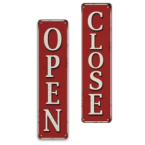 Red Vertical Metal Sign Open Closed Vertical Text Shop Door Wall Decor