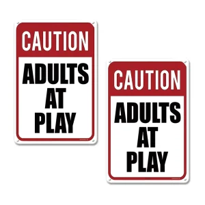 Red White Caution Rectangle Metal Sign Adults at Play Funny Warning Wall Decor