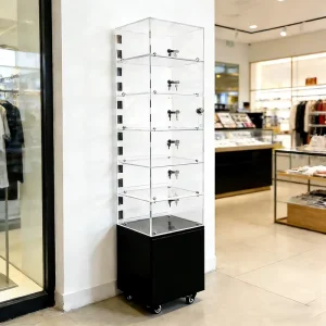 Retail Acrylic Display Showcase with Lockable Door Wheels 5-Shelf Clear Storage Cabinet for Small Goods
