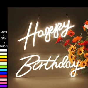 Retail Office Shop Sign Customized Acrylic Wall Rainbow Letter ‘Happy Birthday’ Shaped LED Neon Light 65x66cm