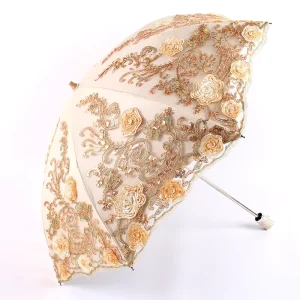 Retro Chinese Flowering Lolita Lace Parasol Black Coating Parasol Bride Wedding Sun and Rainy Gold Umbrella
