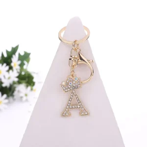 Rhinestone Crown Letter Keychain Shiny Crystal Alphabet Pendant Key Ring Personalized Bag Charm Gift for Women & Girls