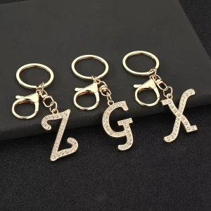 Rhinestone Plated Initial Letter Keychain Gold Alphabet A-Z Lobster Clasp Personalized Letter Bag Charm Pendant Gift