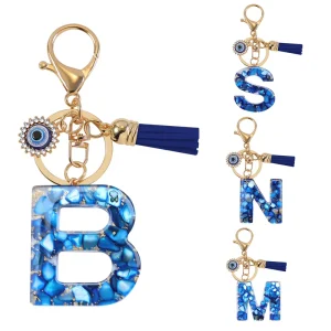 Royal Blue Fashionable English Letter Resin Keychain Evil Eye Tassel Bag Accessory Pendant Gift