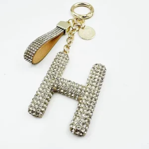 Shiny H Letter Full Rhinestone Keychain Crystal Pu Leather Strap Bag Charm Spring Ring Car Key Pendant Gift Accessory