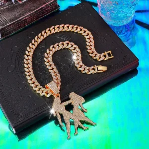 Silver Gold Plated Fully Iced Out Two Women Silhouette Zircon Pendant Necklace Hip Hop Cuban Link Chain Gemini Pendant