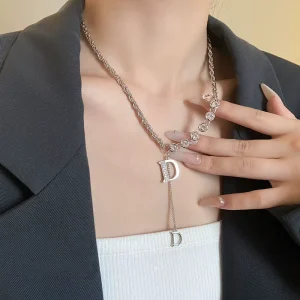 Silver Plated Double Layered Sweater Chain Stainless Steel Micro Set Zircon D Letter Pendant Necklace Jewelry for Women