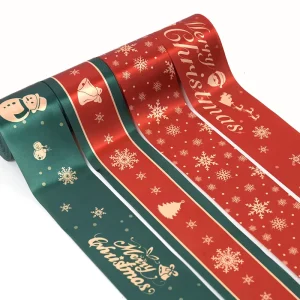 Single Double Sided Polyester Ribbon with Gold Foil Christmas Gift Box Packaging Ribbon Christmas Holiday Decoration Ribbon