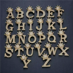 Small MOQ Direct Sale Stainless Steel Micro Pave Crown Letters Initial A Z Crystals Gold Charms Pendants DIY Name Necklace