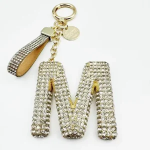 Sparkling M Letter Full Rhinestone Keychain Crystal Pu Leather Strap Bag Charm Spring Ring Car Key Pendant Gift Accessory