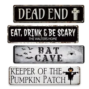 Spooky Halloween Long Metal Sign Tombstone Bat Spider Scarecrow Graphic Wall Decor