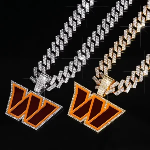 Sports Team Themed Pendant Rhinestone Enamel Letter W 14K Gold Plated Zinc Alloy Men Hip Hop Statement Jewelry