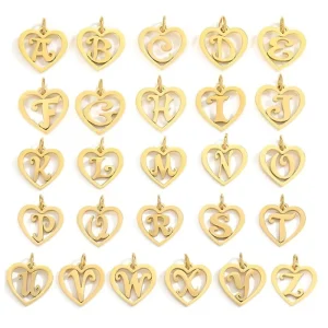 Stainless Steel 14K Gold Plated Nickel Lead Free High Polish 17*16mm 26 Letter Alphabet Initial Hollow Heart Charm