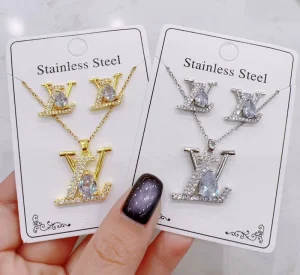 Stainless Steel Crystal Letter Pendant Jewelry Set 18K Gold Silver Plated Necklace Earrings Wedding Engagement Party Vintage