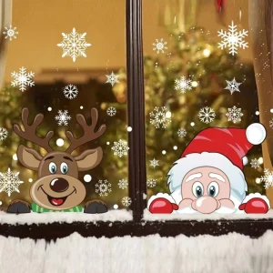 Static Peeking Santa Reindeer Christmas Waterproof Vinyl Window Clings Electrostatic Snowflake Decals Car Glass Home Holiday