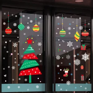Static Window Clings Cartoon Tree Baubles Snowflake Stickers Removable No Residue Gift Stocking Candy Cane Glass Decals PVC UV