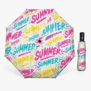 Summer Beach UV Protection Umbrella 8-rib Automatic One-touch Folding Parasol with Custom Pattern and Black Glue Coating