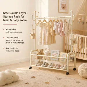 Supermarket Wheeled Clothes Rack Double Mesh Clothes Rack for Retail Furniture Section Freestanding Clothing Stand