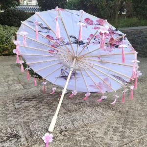 TX100 Bamboo Parasol Oiled Paper White Travel Outdoor Vintage Decoration Hand crafted Fringed Oiled Paper Umbrella