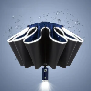 TX227 Full-automatic Open Handle LED 3 Fold Umbrella Reverse UV Sun Rain Flashlight Parasol Reflective Stripe Light Umbrellas