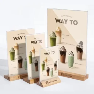 Table Menu Display Stand Flyer Display Clear Acrylic Double Sided Display T Shape Acrylic Sign Holder with Wood Base