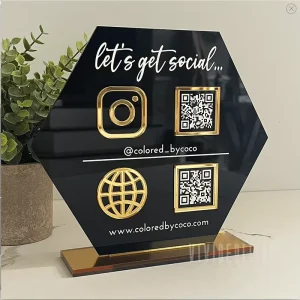 Table Top Logo Sign Mirror Acrylic Social Media Business Sign Laser Cute Qr Code Sign Stand Plaque