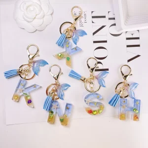 Tassel A-z Alphabet Crystal Drops Glue Resin Keychain Shell Starfish Lobster Letter Pendant for Women Girls