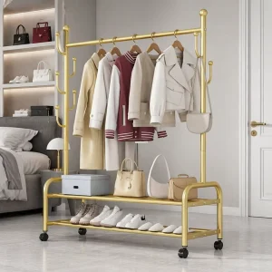 Thickened Design Balcony Storage Metal Floor Standing Double Tier Coat and Hat Rack with Wheels