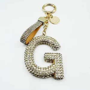 Trendy G Letter Full Rhinestone Keychain Crystal Pu Leather Strap Bag Charm Spring Ring Car Key Pendant Gift Accessory