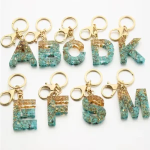 Turquoise English Alphabet Zinc Alloy Gold Letter Keychain with Silk Screen Offset Printing Eco Friendly 4cm Height