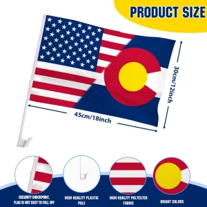 USA Colorado Split Car Window Flag 12×18 Inch Secure Clip Plastic Pole Patriotic Parade Event Polyester Flag