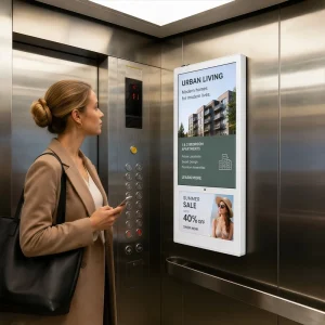 Ultra Slim Mirror Finish Elevator Advertising Kiosk 32 43″ Vertical Portrait Signage for High End Fashion & Jewelry Lifts