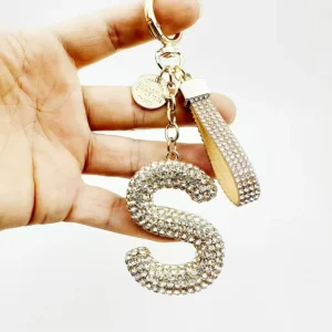 Unique S Letter Full Rhinestone Keychain Crystal Pu Leather Strap Bag Charm Spring Ring Car Key Pendant Gift Accessory