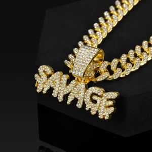 Unisex Iced SAVAGE Full CZ 14K Gold Plated Cuban Link Chain Diamond Hip Hop Party Gift Street Culture Statement Jewelry