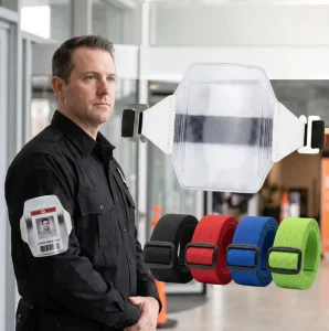 Vertical Armband ID Badge Holder with Elastic Strap for Adjustable Clear PVC Custom Color Logo Lightweight Security Warehouse