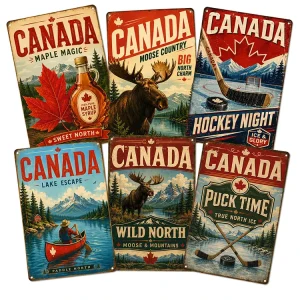 Vintage Canada Wilderness Tin Sign Rustic Metal Sign Old Fashioned Moose Mountain Hockey Cabin Wall Art Poster